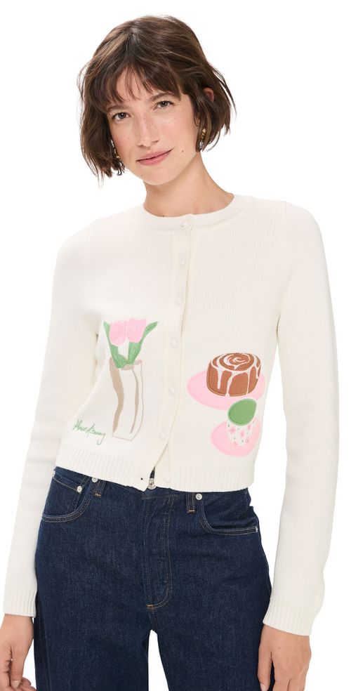Collarless Picture Knit Cardigan Ivory