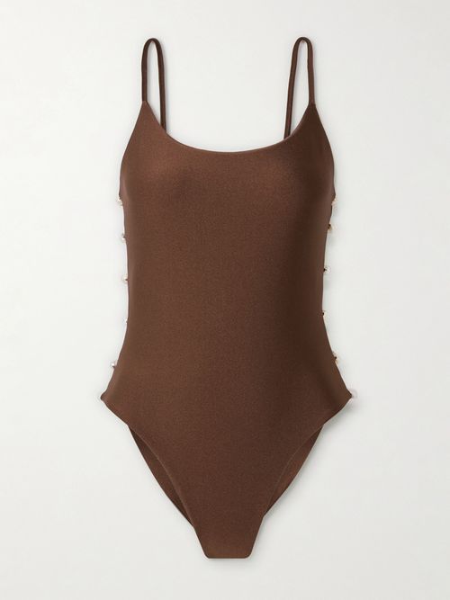 Ocean Pearl-embellished Cutout Stretch-econyl Swimsuit - Brown