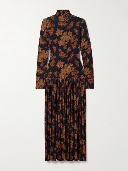 Amaya Pleated Floral-print Jersey Turtleneck Maxi Dress - Black