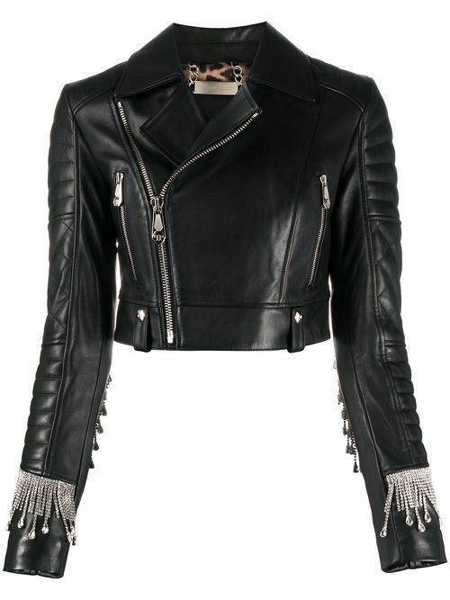 Crystal-fringe biker jacket - Black