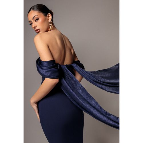Goddiva Off Shoulder Soft Satin Wing Cape Maxi Dress - Navy Blue