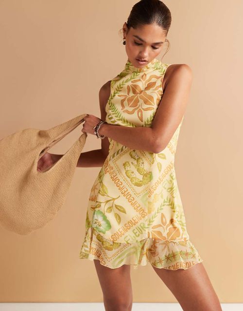 High neck cowl back chiffon mini dress in tropical print-Multi