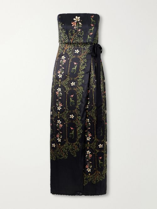 Floral-print Embellished Satin Midi Dress - Black