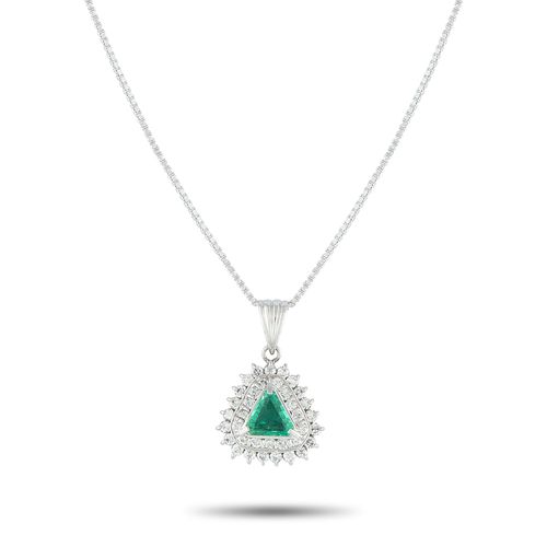 Platinum 0.52 ct Diamond and 0.37 ct Emerald Triangle Pendant Necklace MF38-082125