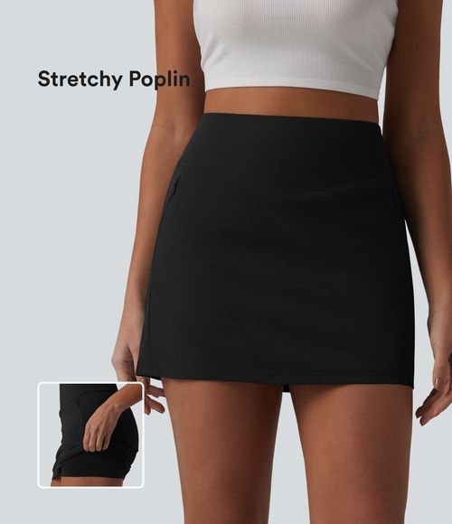 Jupe mini casual 2-en-1 trapèze taille haute en popeline extensible avec poches - Black