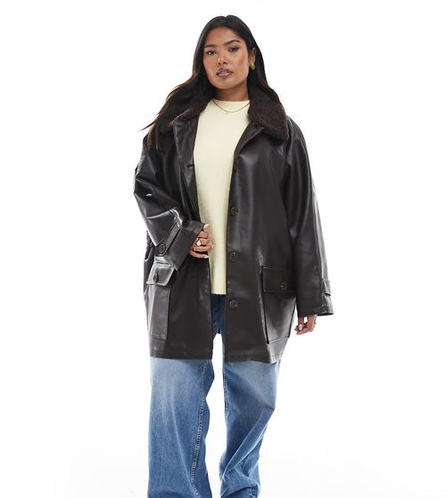 ASOS DESIGN Curve leather look jacket with borg collar and cinch waist in chocolate-Brown