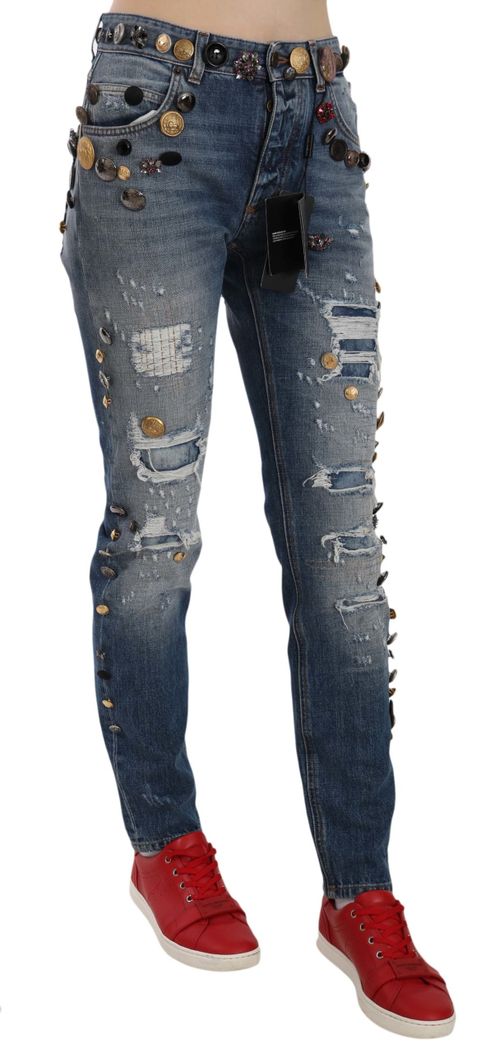 Distressed Embellished Buttons Jeans — Blue