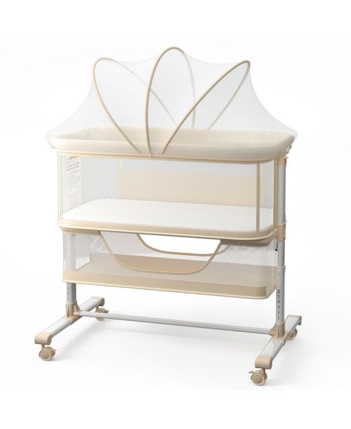 Baby 3-in-1 Bassinet Bedside Sleeper with Adjustable Height, Mosquito Net and Wheels - Beige