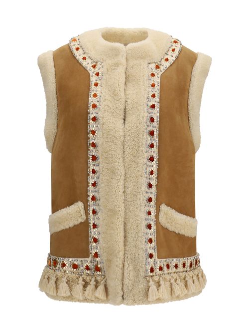 Suede and Lamb Fur Vest — Camel