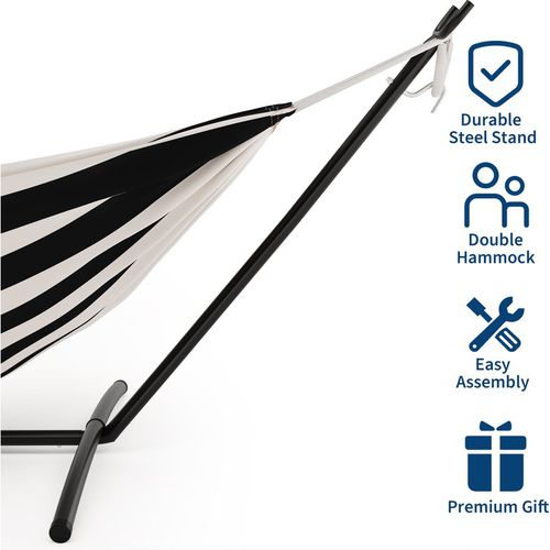 Garvee 450 Lbs Black and White Double Hammock with Heavy Duty Space-Saving Steel Stand for 2 Person - Portable Indoor Outdoor Use, Includes Carry Bag - Perfect for Garden, Camping, Beach