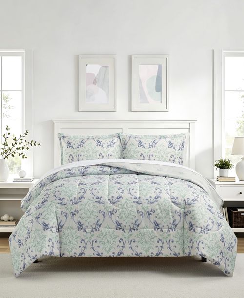 Painterly Damask Reversible Microfiber 3-piece Comforter Set - Blue/green