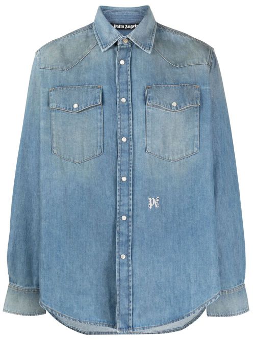 Monogram-embroidered denim shirt - Blue