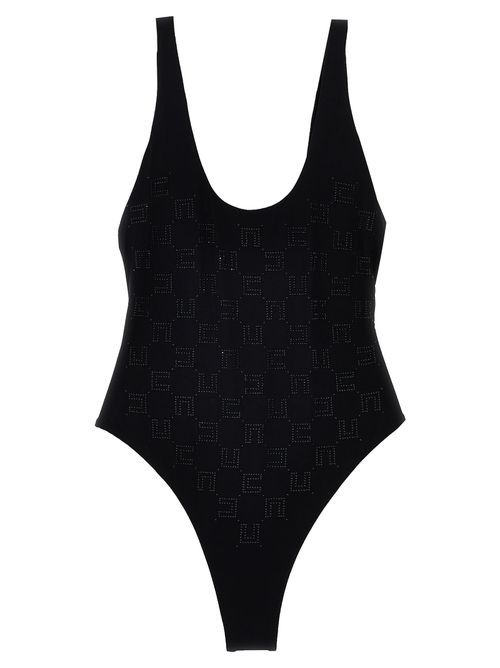 -Rhinestone Logo One-Piece Swimsuit Beachwear Nero-Donna