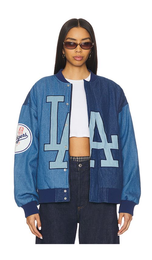 Terez x REVOLVE Dodgers Denim Logo Bomber in Denim Dark & Medium. S also in