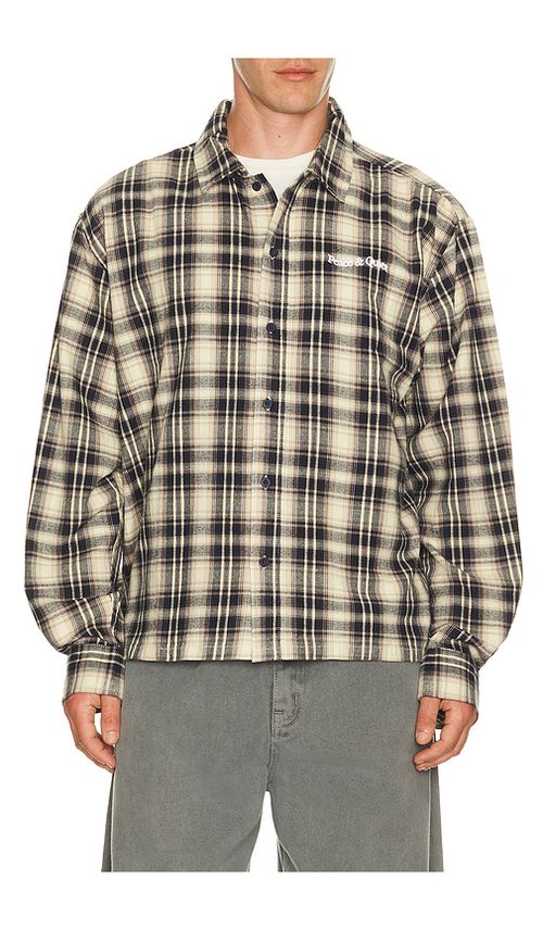 Museum of Peace and Quiet Wordmark Button Up in Blue,Beige. XS. Also in S, M, L, XL/1X