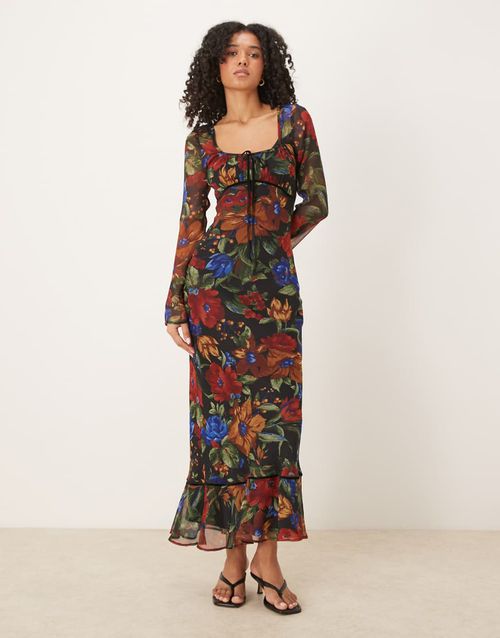 Ruched bust scoop long sleeve maxi dress in floral print-Multi