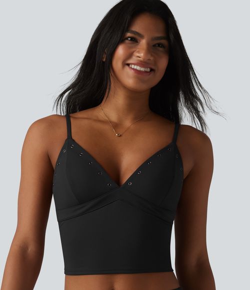 SoftlyZero™ Airy Adjustable Straps Eyelet Built-in Bra Cropped Cool Touch Casual Tank Top  - Black