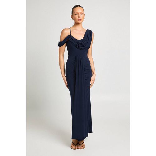 Boohoo Women's Double Layer Slinky Drape Front Cold Shoulder Maxi Dress in Navy