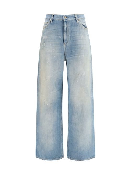Embroidered Logo Paint-Splatter Jeans — Blue