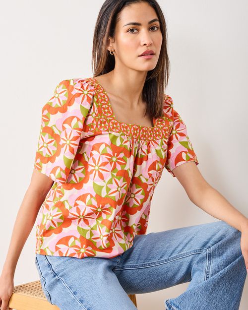Organic Cotton Short Sleeve Blouse in Flower Hour | Women's XS | Orange