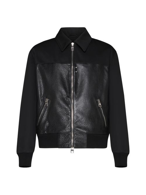 Black Leather And Fabric Bomber Jacket
