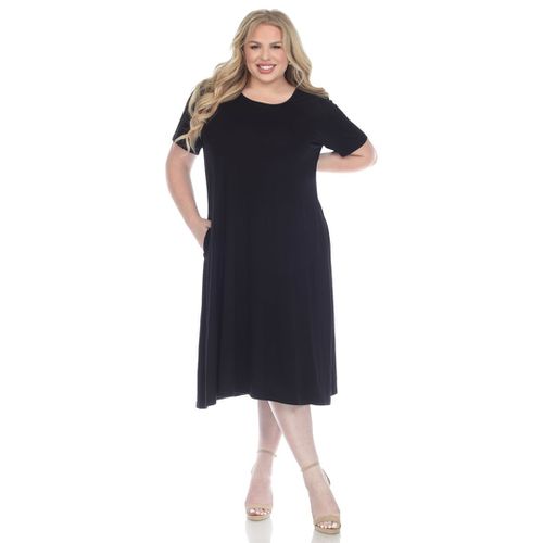 Midi Dress Women's Black Stretch Pocket Swing Short Sleeve FTS1486
