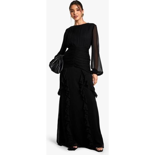 Boohoo Women's Crinkle Chiffon Ruffle Maxi Dress in Black
