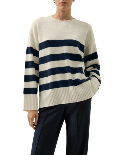 Women's Striped Wool-Cashmere Oversized Sweater - Navy striped