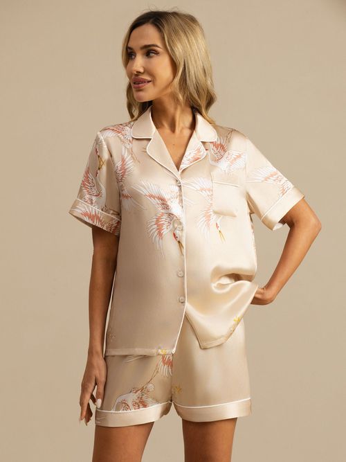 19Momme Women's Pure Silk Crane Print Short Sleeve Notch Collar Pajamas Set