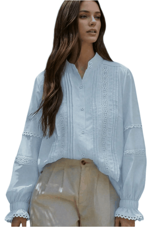 Women's Puff Sleeve Button Down Blouse Vintage Lace Trim Stand Collar Office Shirt