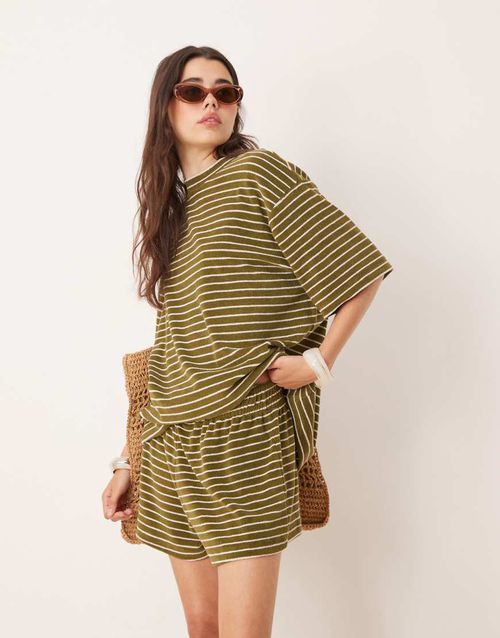 Towelling boxer short co-ord in khaki stripe-Green