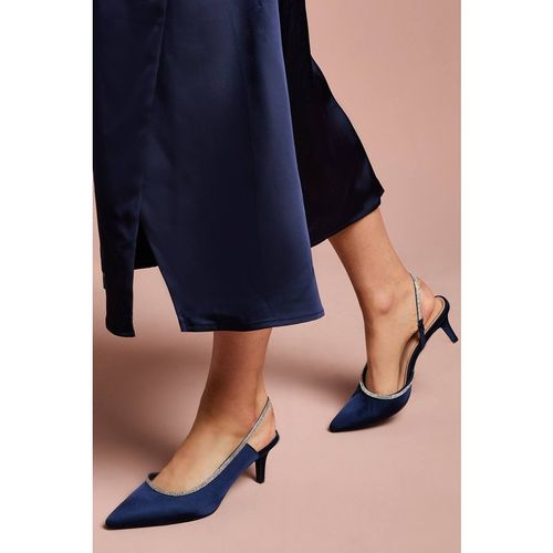 Coast Women's Wide Fit Sabrina Satin Diamante Trim Slingback High Stiletto Court Shoes in Navy