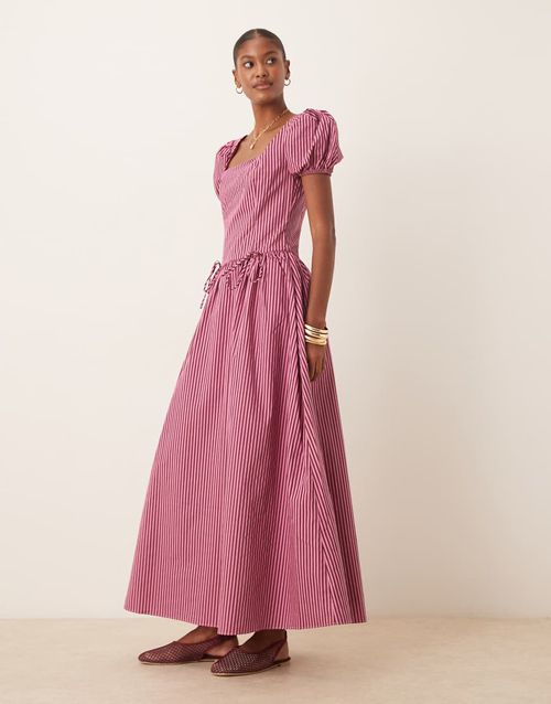 Dropped waist short sleeve poplin maxi dress in red and pink stripes