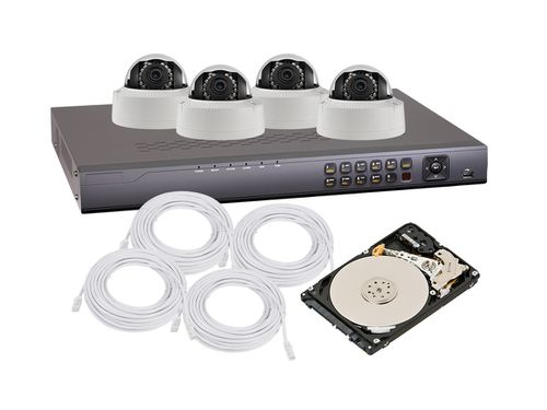4-Channel PoE NVR Kit with 4x 2MP PoE Infrared Cameras, 4x 50 ft. Cat5e Ethernet Cables, and a 500GB Hard Drive