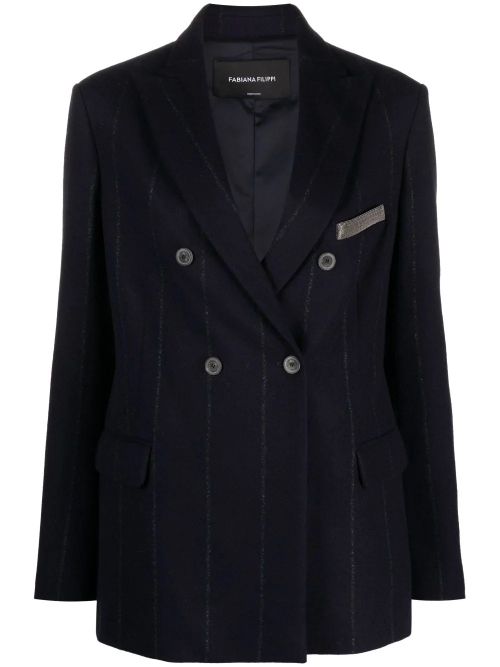 Stripe-Detail Double-Breasted Blazer — Navy