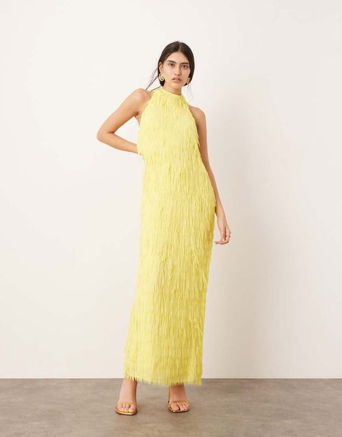 ASOS EDITION statement fringed halter maxi dress in yellow-Orange