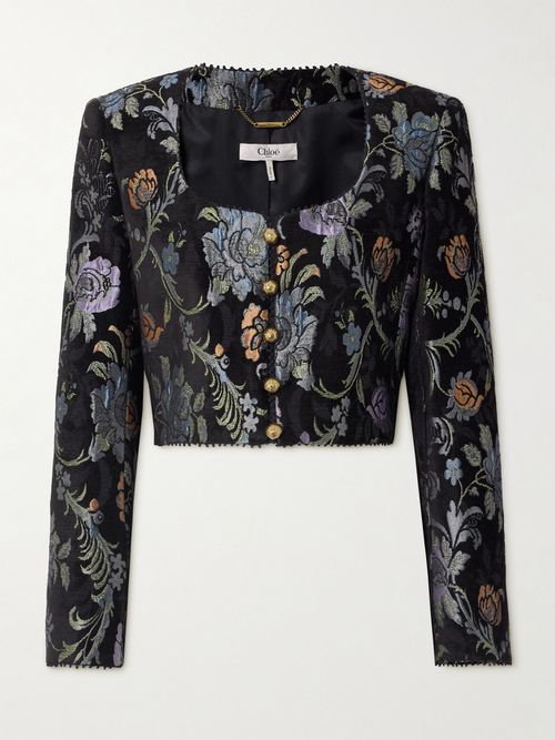 Cropped Floral-jacquard Jacket - Black