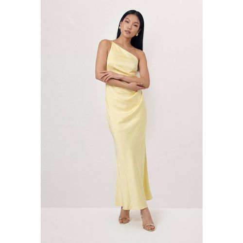 MISSPAP Women's Satin Asymmetric Strap Pleated Waist Low Back Maxi Bridesmaid Dress in Yellow