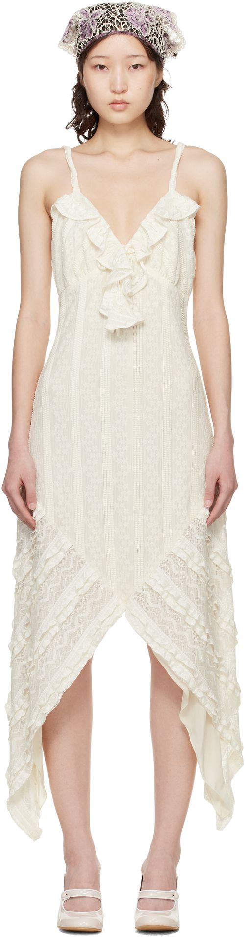 Off-White Floral Ruffle Stretch Lace Handkerchief Midi Dress