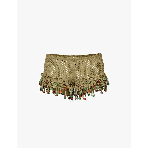 Womens Green Canary Beaded-trim Cotton-blend Shorts S