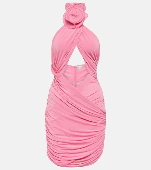 Floral-appliqué ruched minidress