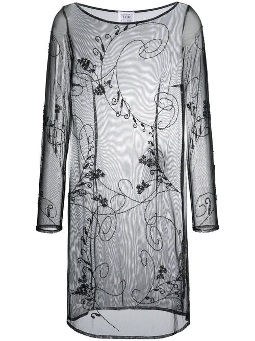 1990s floral-embroidered long-sleeved dress - Black