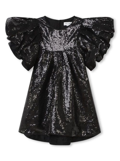 Puff-sleeved sequinned flared dress - Black