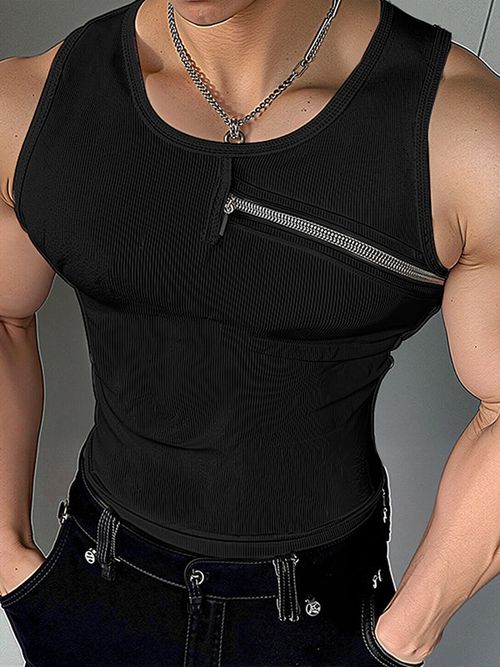 Mens Textured Asymmetrical Zip Sleeveless Tank SKUL01094 - Black / S
