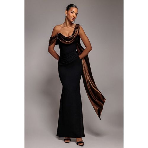 Goddiva Foil Chiffon Cowl One Shoulder Cape Maxi Dress - Black Bronze