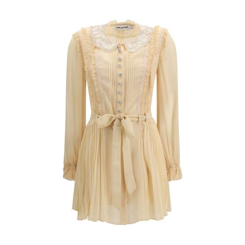 Pleated Georgette with Embellished Collar Dress — Beige