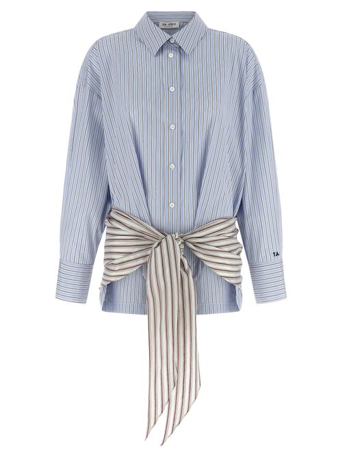 Striped Cotton with Tie Waist Shirt — Blue