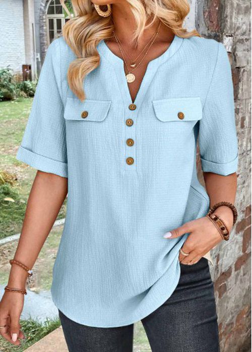 Modlily Light Camel Button Half Sleeve Split Neck Blouse