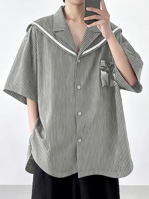 Men's Satin Bow Striped Sailor Collar Shirt SKUL41064 - Gray / S