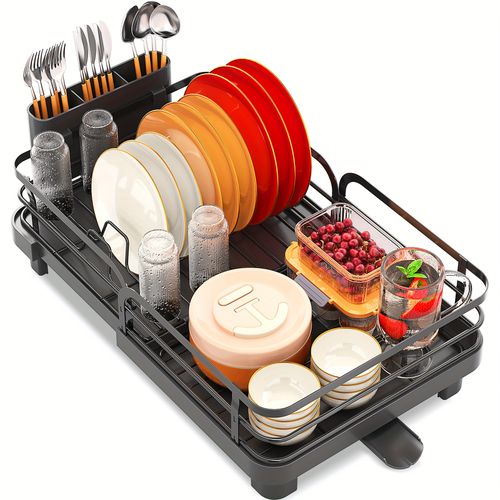 TEMU Kingrack Expandable Dish Drying Rack, Extendable Dish Rack With 360°swivel Spout, Collapsible Dish Dryer Black, Large Dish Drainer For Kitchen